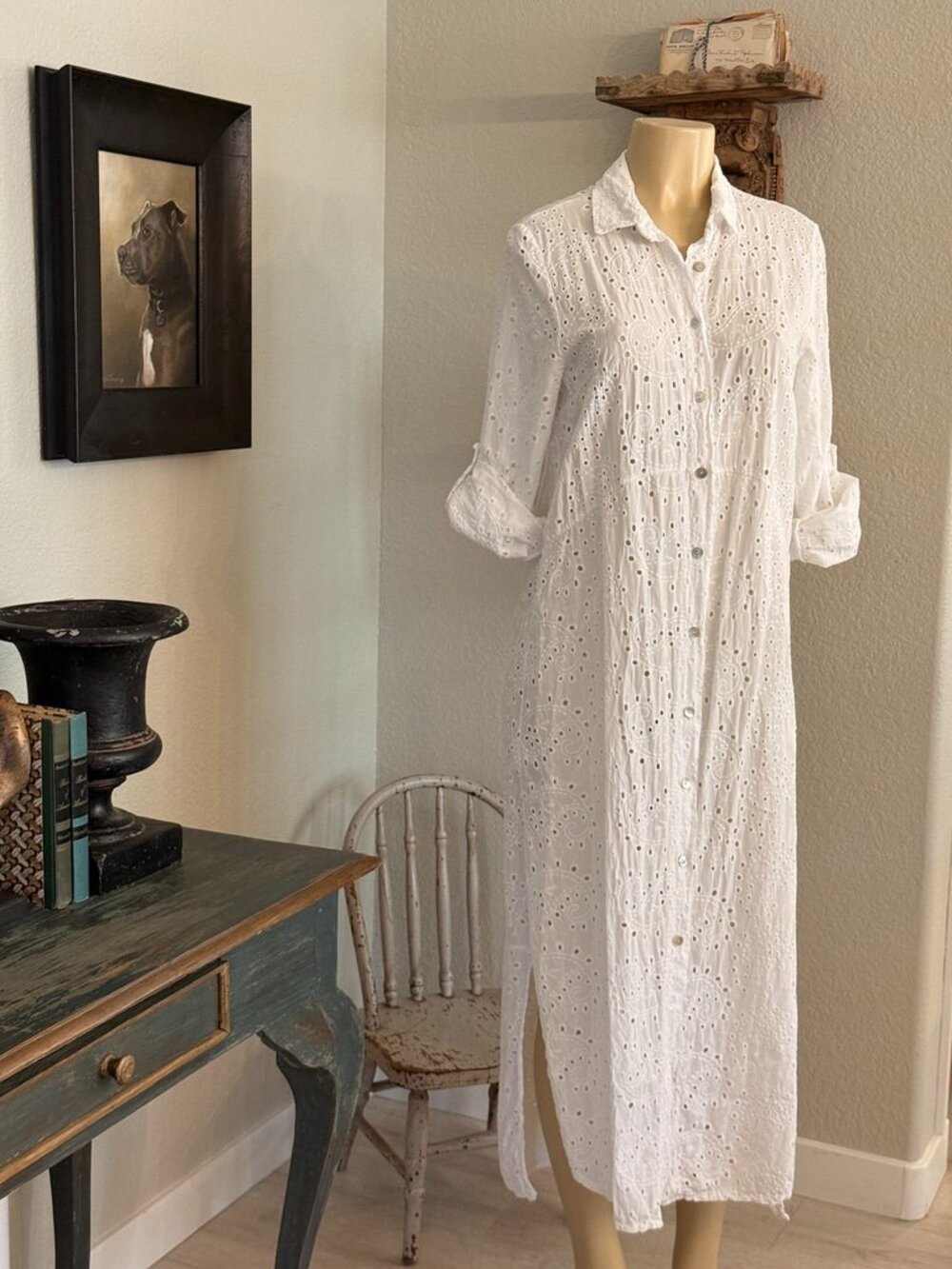 Meo Meli White Cotton Eyelet Lace Full Length Button Front Long Sleeve Dress